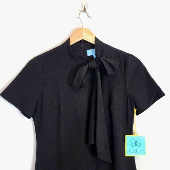 NWT Womens CeCe Bow Neck Short Sleeve Ruffle Hemline Black LBD Dress Size 0 - Picture 3 of 12